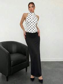 Camiseta sin espalda con cuello alto y cordón en el bajo, color marrón, para mujer, para fiesta y eventos de otoño/invierno - Blanco - Ver 5
