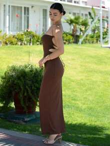 Vestido de verano con tirantes finos, con nudo delantero y espalda descubierta, de unicolor y minimalista para mujer - Marrón - Ver 4