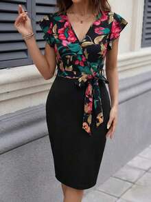 Vestido midi con estampado floral y cuello en V con mangas cortas, elegante para vacaciones - Multicolor - Ver 6