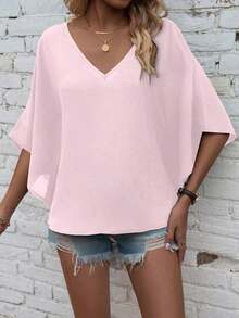 Camisa de manga de murciélago de unicolor casual, verano - Rosa Pálido - Ver 7