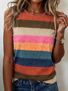 Camiseta de tirantes casual y versátil con cuello redondo y rayas para mujer - Multicolor 5 - Ver 1