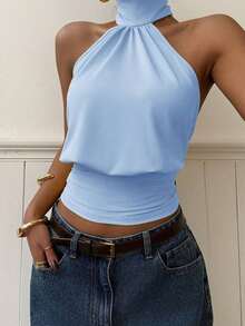 Top de punto con cuello de halter color albaricoque para mujer - Azul - Ver 4