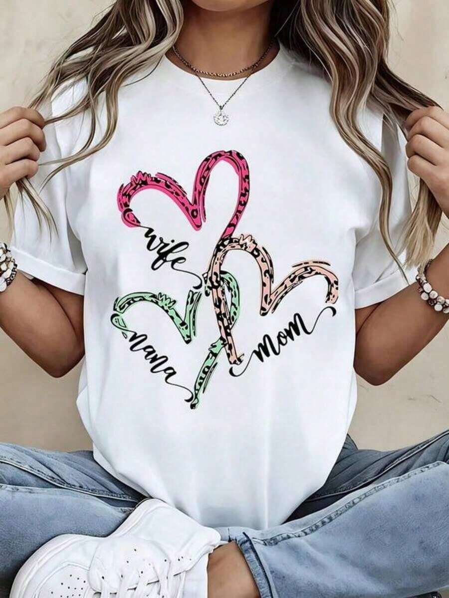 Women's Casual T-Shirts,Wife Mom Nana Heart Leopard Print T Shirt For Women Fashion Casual Top,Women's T-Shirt, Y2K Style, Summer Fashion Tees, Streetwear Casual Sets and Tops - Blanco - Ver 1