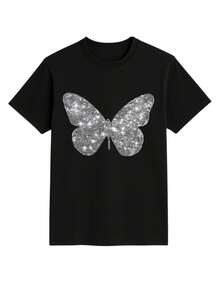 Basic Short-Sleeved T-Shirt With Butterfly Graphic Print And Glitter, Women's Casual, Creative, Cute Style For Spring, Summer, Autumn, Winter, 100% Cotton - 黑色 - 查看 3
