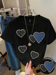 Camiseta de manga corta con estampado de leopardo y decoración de corazón para mujer - Negro - Ver 1