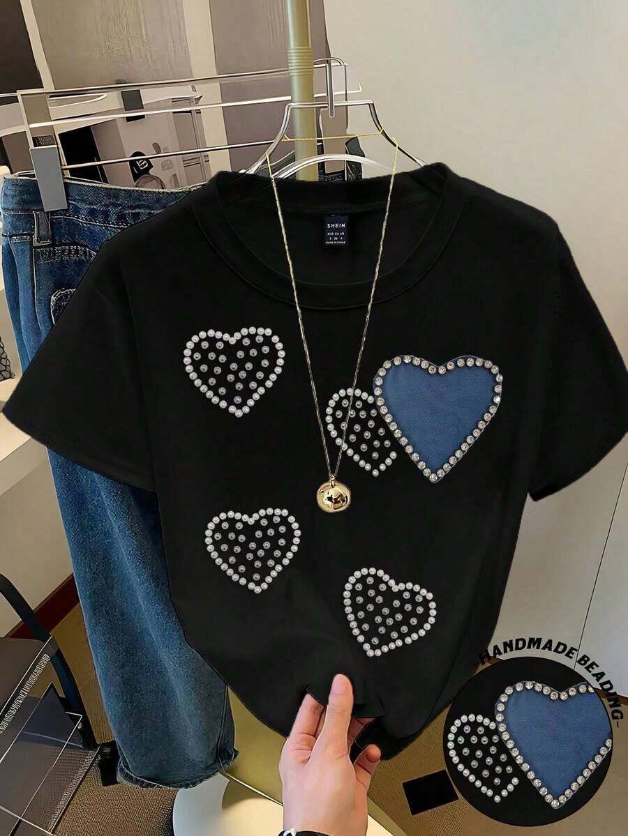 Camiseta de manga corta con estampado de leopardo y decoración de corazón para mujer - Negro - Ver 1