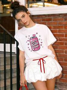 Women's Summer Clothes, Soft Cotton Casual T-Shirt With Round Neck, Pink Soda Can Letter Print. Black. - 白色 - 查看 3