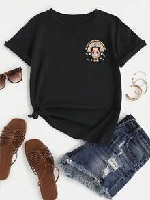 Camiseta con estampado de frasco de pastillas de dibujos animados y patrón de letras deíris, de manga corta y cuello redondo, estilo casual para verano y primavera, talla para mujer. - Negro - Ver 2