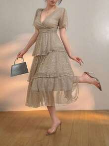 Vestido midi con escote en V, volantes en las mangas y lentejuelas, elegante para invitadas de boda, vestido de fiesta de verano, vestido de graduación para mujeres, vestido brillante de lujo - Gris Claro - Ver 4
