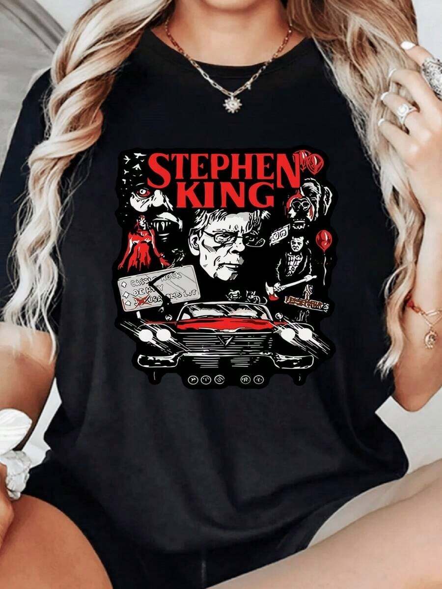 Women's 100% Cotton Vintage Style T-Shirt With Graphic Digital Print, 220g, Round Neck, Casual, Basic, By Loose1pcs, Inspired By The Stephen King Horror Film. - 黑色 - 查看 1