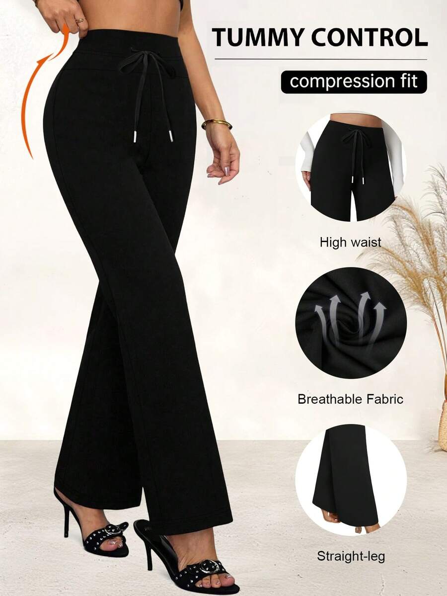 Comfortable Casual Solid Color Knit Drawstring Wide Leg Pants, Women's Sports Pants Wide Leg Flare Pants, Loose Leg Flare Pants Wide Leg Pants, Spring/Summer New Arrival Black - Black - View 1