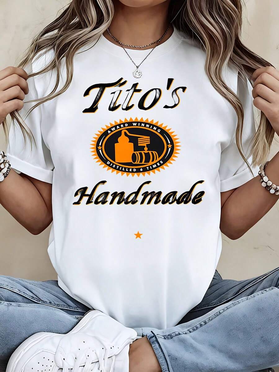 Casual Style Women's T-Shirt Tito's Handmade Logo Design Summer And Fall Wear Gift For Friends And Family - trắng - Xem 1