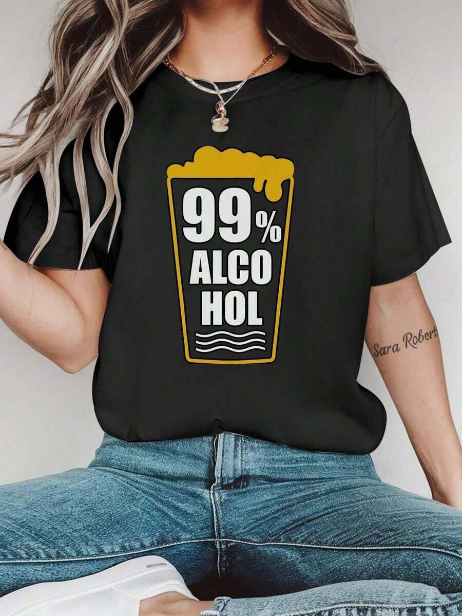 Women's Black Casual T-Shirt With Beer Mug Graphic "99% ALCOHOL HOL", Short Sleeve, Round Neck, For Spring And Summer, Soft Polyester Blend, Ladies' T-Shirts, Women's Blouses > Shirt - 黑色 - 查看 1