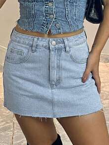 Minifalda vaquera lavada casual nueva de primavera/verano estilo europeo y americano Y2K para mujeres - Lavado ligero - Ver 6