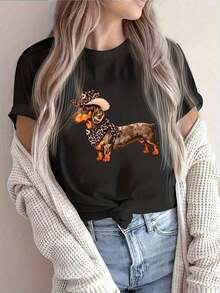 Women's Western Bohemian Style T-Shirt With Dachshund, Cowboy, And Leopard Print - Cute Dachshund Design With Cowboy Hat And Hoof Ears, Casual Short Sleeve Crew Neck Top For Spring, Summer, And Autumn, Clothing For Dachshund Lovers. Women's T-Shirts - 黑色 - 查看 3