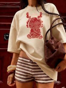 Chinese New Year Dragon T-Shirt, Fashionable Short-Sleeve T-Shirt For Spring And Summer 2026, Made In Mexico, 180 Grams. Cartoon Print, Couple Design, Suitable For Indoor Or Outdoor Wear. Crew Neck, Unisex, Ideal For Office And Leisure. One-Piece Pack. - APR-P631577SLNDXZGY574 - 查看 3