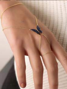 1pc Bohemian Style Blue Butterfly Knuckle Ring Bracelet, Fashion Accessory For Women - Gold - View 1