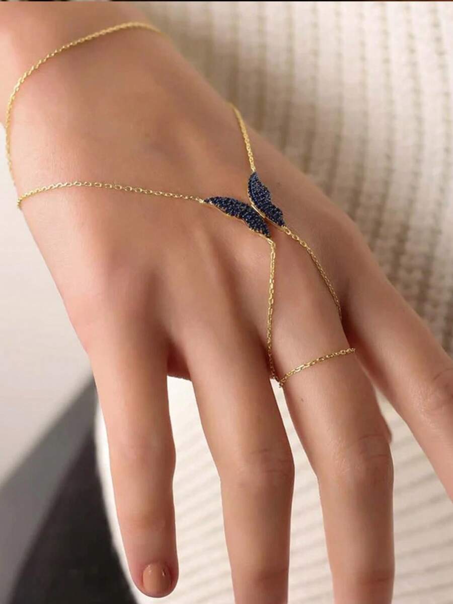 1pc Bohemian Style Blue Butterfly Knuckle Ring Bracelet, Fashion Accessory For Women - Gold - View 1