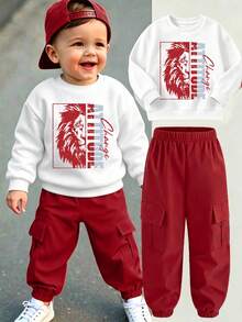 Baby Boy Cartoon Print Long Sleeve Top And Cargo Pants Set - White - View 1