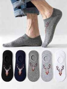 5雙男士鹿花刺繡隱形船襪,防滑低筒船襪,純色極簡透氣彈性襪,不勒腳 - 彩色 - 查看 4