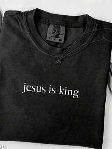 1 "Jesus Is King" T-Shirt, Christian T-Shirt, Religious T-Shirt, Jesus Themed Gift For Easter Sunday Activities, Printed Cotton Drop Shoulder T-Shirt, Men's Basic Retro Street T-Shirt, Unisex Hip Hop Style Loose Fit T-Shirt, Acid Wash Effect T-Shirt, 180g 100% Cotton. - 黑色 - 查看 5