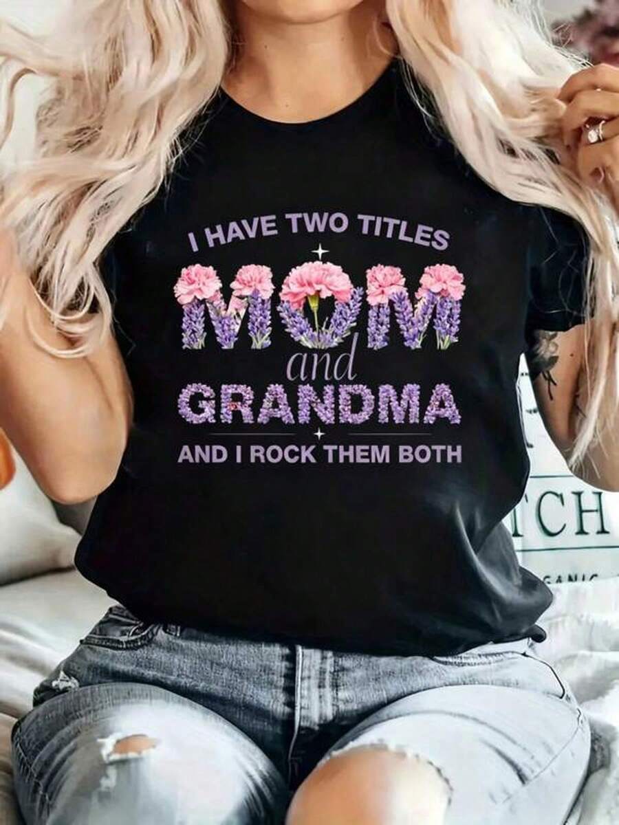 Fun Women's T-Shirt With The Slogan "Mom And Grandma" And Floral Lettering - Vibrant Pink And Purple, Crew Neck, Short Sleeves, Casual Style, Ideal For Halloween, Thanksgiving, And Christmas. Sizes S-2XL (Comfortable And Casual Wear). - 黑色 - 查看 1