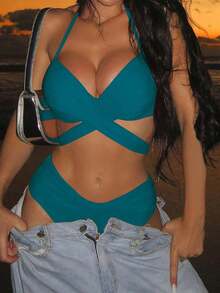Swim Mod Conjunto de bikini de tirantes cruzados con envoltura de playa y soporte push-up para el verano - Azul - Ver 5