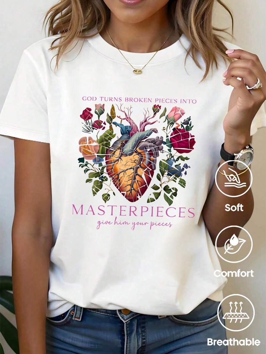 Esta camiseta de manga corta y cuello redondo, de corte holgado, es ideal para el verano. Presenta un estampado de rosas y corazones rotos, perfecta para vacaciones, la oficina, salidas, el día a día, citas, fiestas, reuniones y para un estilo urbano. Es una prenda versátil de estilo casual y deportivo, ideal como regalo para diversas ocasiones. - Blanco - Ver 1