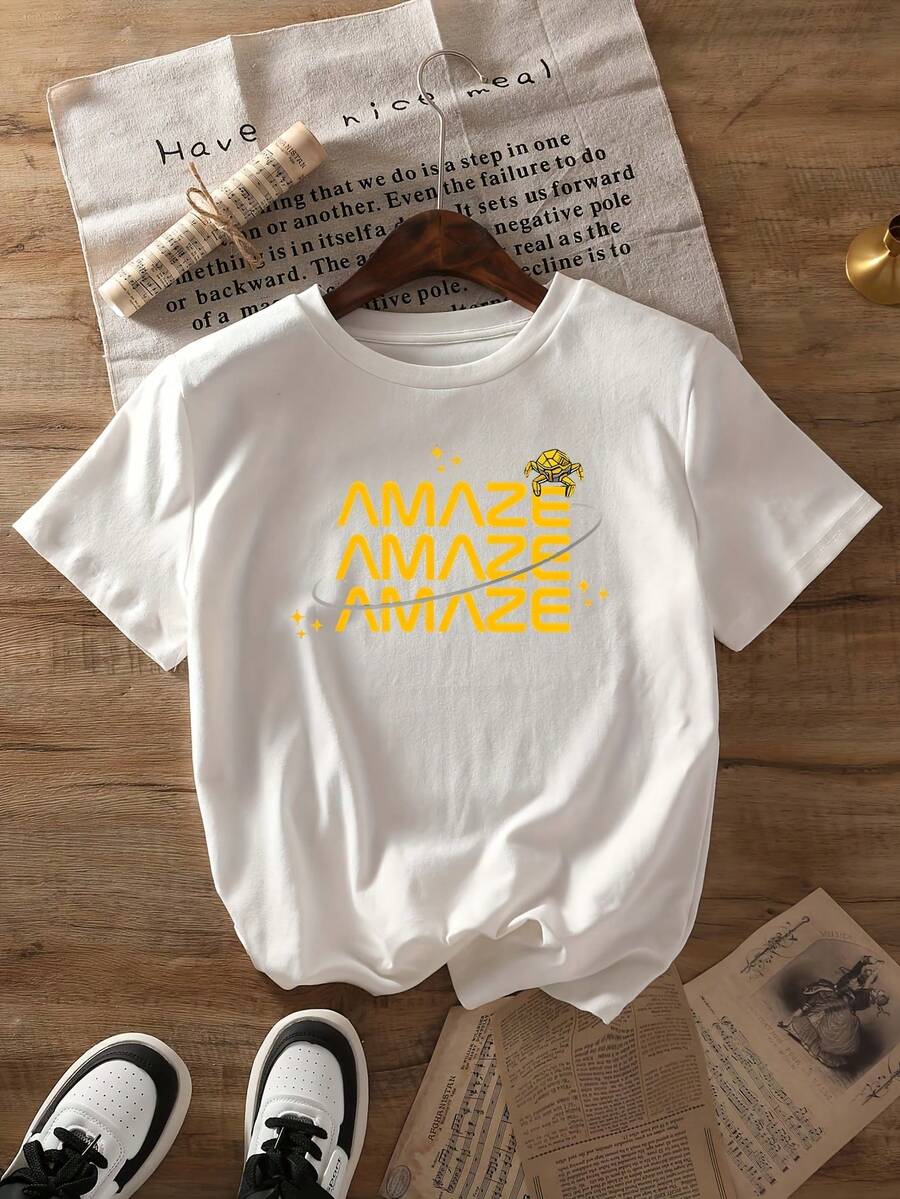 1 pieza de impresionante camiseta estampada, top casual de manga corta y cuello redondo, estilo primavera/verano, ropa de mujer, 180g 100% algodón. - Blanco - Ver 1