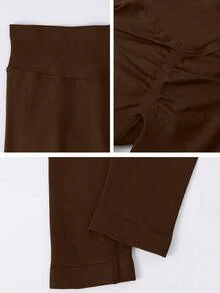 NcmRyu 1pc Women's Solid Color Ruched Waist Slim Fit Plus Size Sports Pants - Brown - View 4