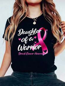 1 Piece Of 100% Cotton T-Shirt For Women, With The Phrase "Breast Cancer Fighter, Daughter Of A Warrior", Short Sleeve, Round Neck, Casual Style For Summer And Spring, Women's Clothing, 180g 100% Cotton. - 黑色 - 查看 1