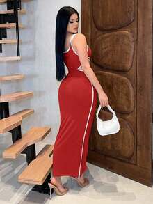 YHHSHEIN  Vestido largo de verano para mujer de ajuste ceñido con recortes de color contrastante y diseño caladoYHH - Rojo - Ver 2