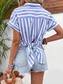 Camisa de rayas de manga murciélago - Azul y blanco - Ver 1