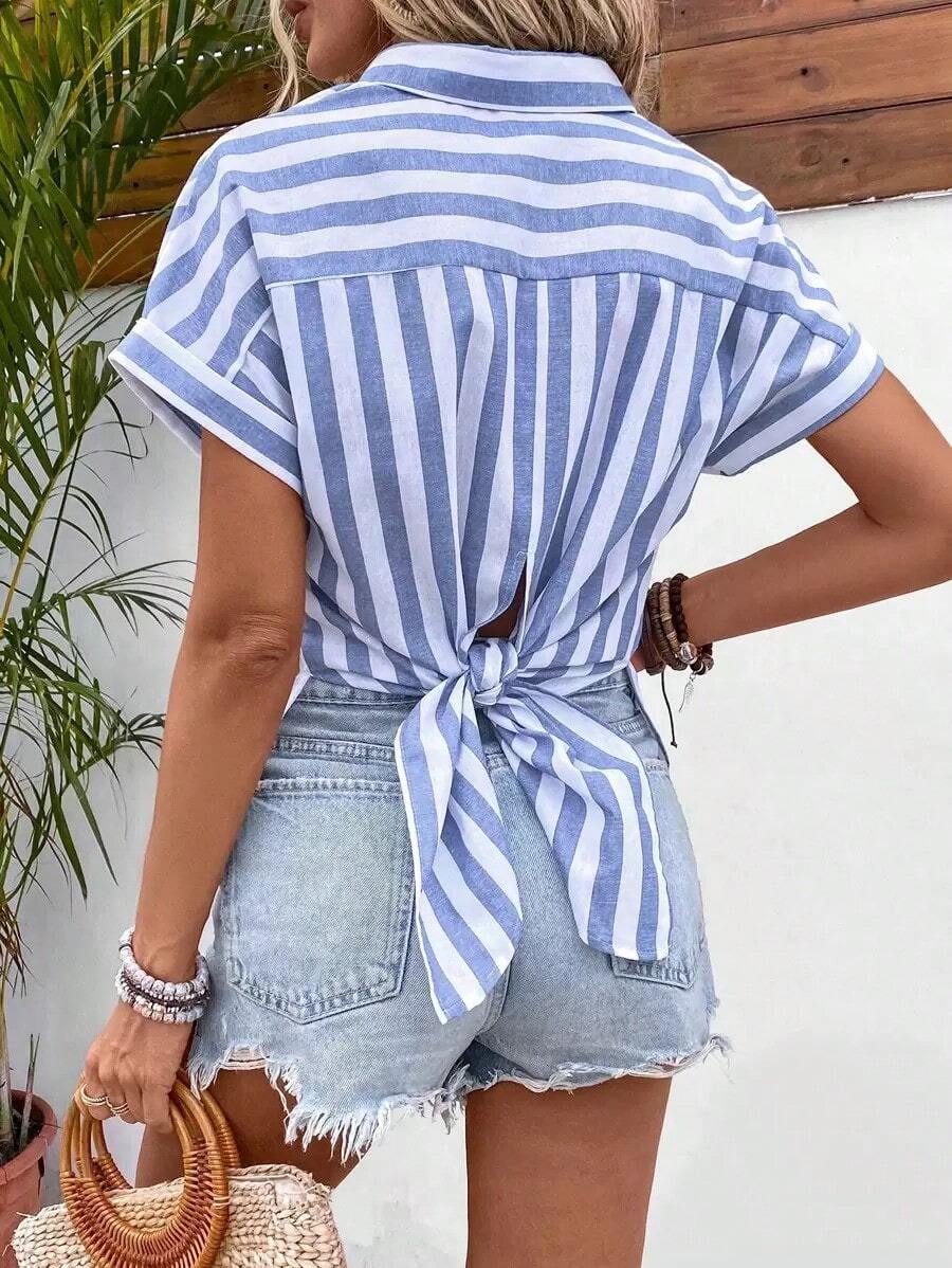 Camisa de rayas de manga murciélago - Azul y blanco - Ver 1