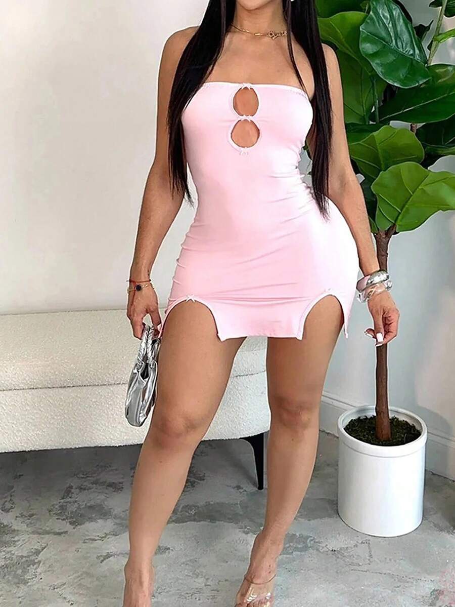 Vestido ajustado a la cadera en forma de corazón con tirantes de color liso para mujer - Rosa - Ver 1