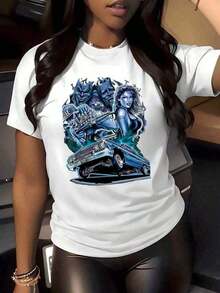 ropa de mujer 2026 Camiseta de Moda Más Popular 1 pieza con Estampado Gráfico de Coche Clásico y Robot Futurista, Camiseta Casual de Cuello Redondo 100% Algodón Estilo Urbano para Mujer, Top Holgado de Moda Urbana, Camiseta con Estampado Retro para Mujer, camisas de mujer - Blanco - Ver 1