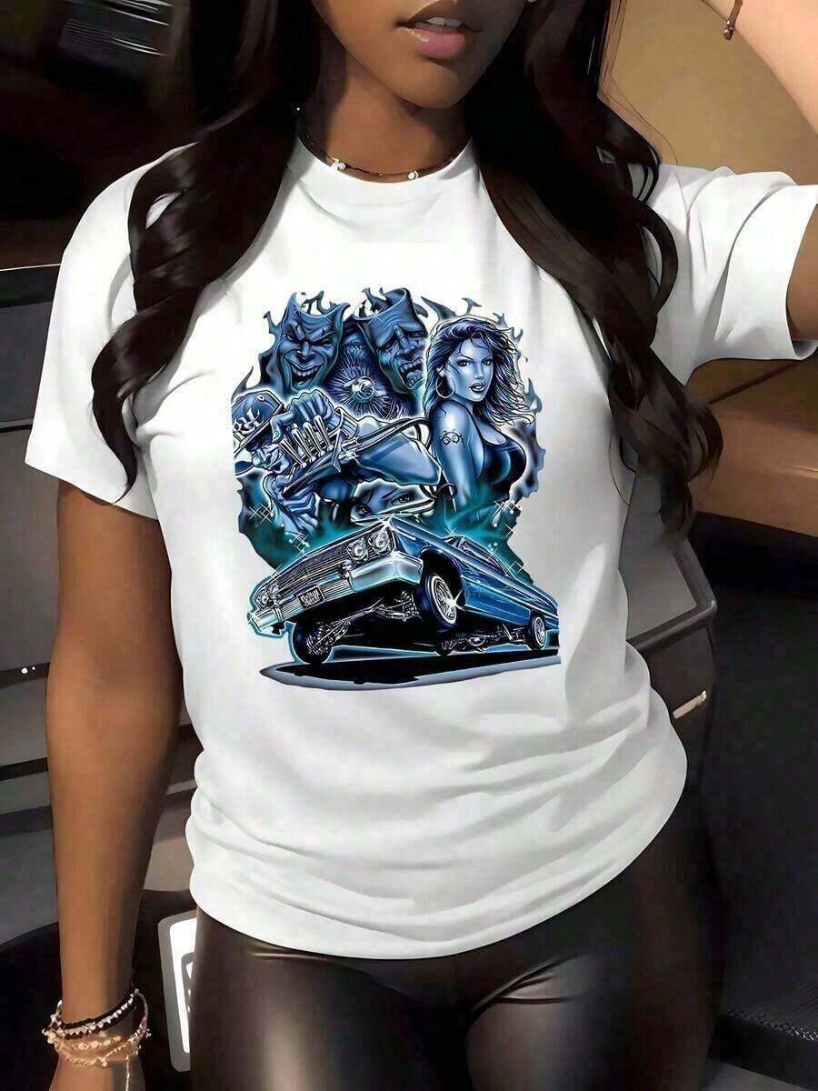 ropa de mujer 2026 Camiseta de Moda Más Popular 1 pieza con Estampado Gráfico de Coche Clásico y Robot Futurista, Camiseta Casual de Cuello Redondo 100% Algodón Estilo Urbano para Mujer, Top Holgado de Moda Urbana, Camiseta con Estampado Retro para Mujer, camisas de mujer - Blanco - Ver 1