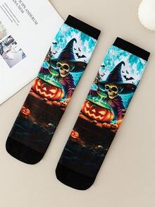 1 paire de chaussettes mi-mollet pour hommes d'Halloween avec éléments de crâne, sorcier, chauve-souris, citrouille lanterne. Édition limitée de la série sombre. Chaussettes décontractées confortables, chaussettes de fête festives, chaussettes de costume d'Halloween, chaussettes de niche uniques - Multicolore - Voir 5