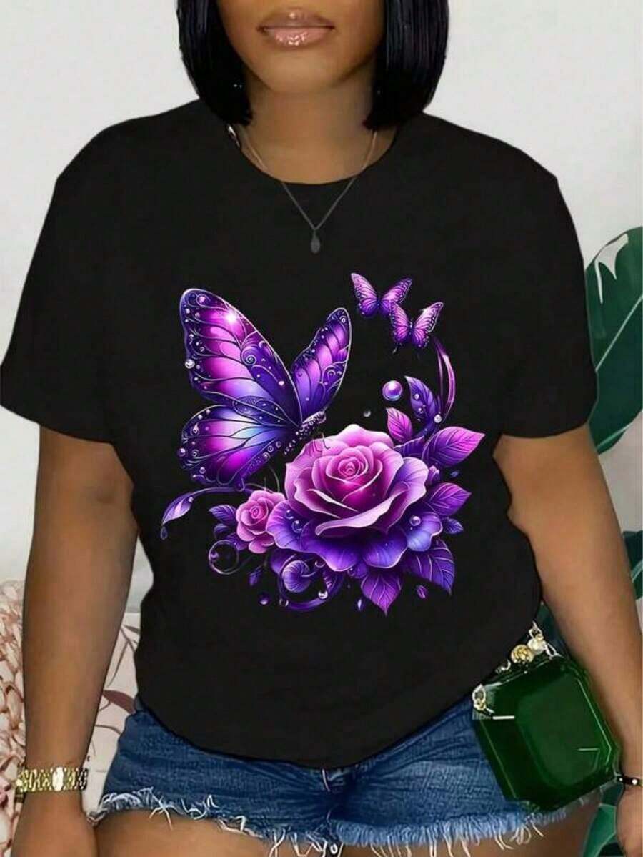Camisetas Casuales para Mujer, Camiseta de Manga Corta con Cuello Redondo y Estampado de Mariposas y Flores, Camiseta con Estampado de Mariposas, Camiseta Casual de Manga Corta para Uso Diario, Camiseta para Mujer, Estilo Y2K, Camisetas de Moda de Verano, Conjuntos y Tops Casuales de Estilo Urbano. - Negro - Ver 1