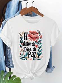 Camiseta de Mujer con Diseño Floral y Mensaje de Amor Divino, Perfecta para Servicios Religiosos y Reuniones Religiosas, Promoviendo un Ambiente Cálido y Lleno de Fe. Camisetas para Salir para Mujer. - Blanco - Ver 7