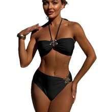Nuevo bikini de cintura alta sin tirantes en color sólido con accesorios florales metálicos. - Negro - Ver 6