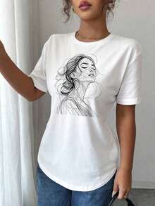 Camisetas Básicas de Tallas Grandes para Mujer - Camisetas Casuales de Manga Corta, Prendas Ligeras Esenciales para el Guardarropa de Verano, Camiseta con Estampado Abstracto de Retrato para Mujer|   Top Casual de Manga Corta y Cuello Redondo, Adecuado para Verano y Primavera, Ropa de Mujer Transpirable y Cómoda - Blanco - Ver 2