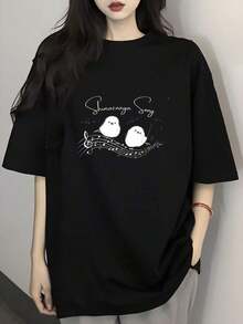 Loose1 camiseta de mujer, estampado de pájaro y nota de PPhimanga PPong, camiseta de manga corta para mujer 100% algodón puro, unisex, disponible en negro, blanco, rojo, gris claro, gris oscuro, cinco colores, estilo casual clásico, regalo, camisetas vintage, g 100% algodón (PP-XXXL).Basic Crew Neck Cotton T-shirt for Women - Rojo - Ver 6
