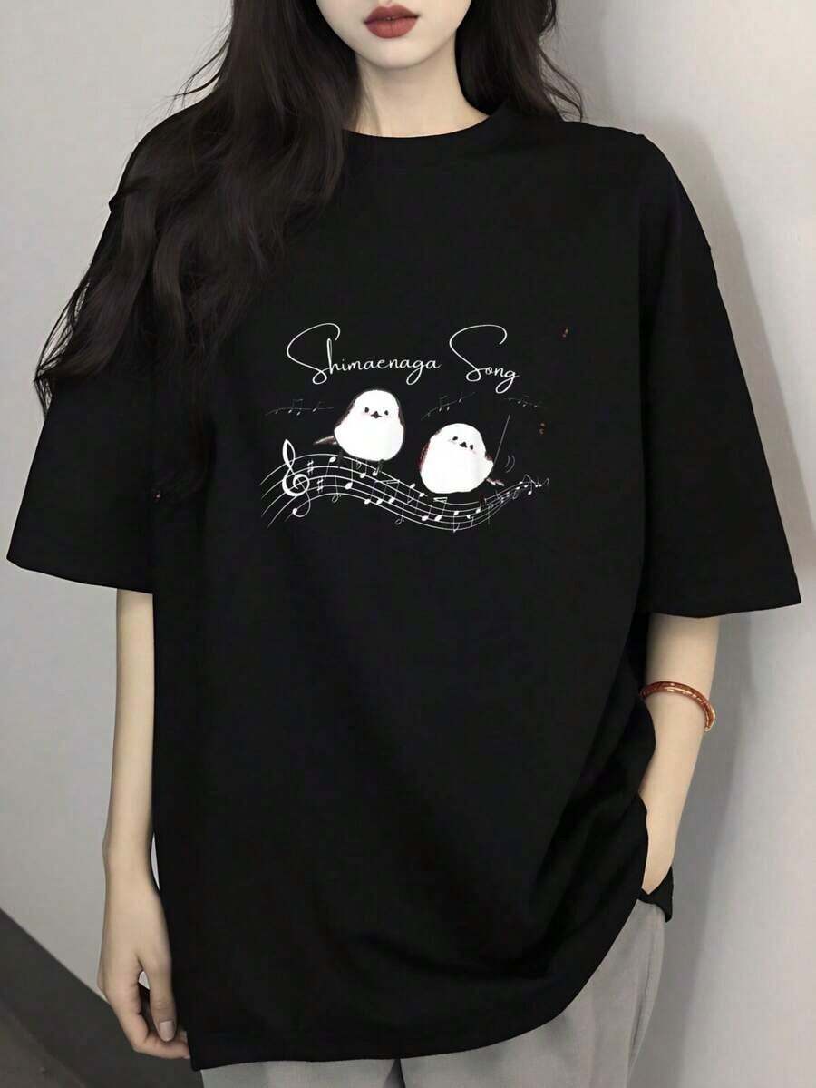 Loose1 camiseta de mujer, estampado de pájaro y nota de PPhimanga PPong, camiseta de manga corta para mujer 100% algodón puro, unisex, disponible en negro, blanco, rojo, gris claro, gris osc - Negro - Ver 1