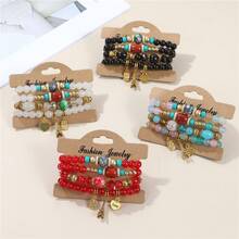 1 set de bracelets colorés de style bohème avec perles, pendentifs vintage de hibou, tour Eiffel, cœur, bracelets multicouches pour femmes - B594 - Voir 4