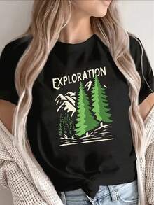 Camiseta de aventura al aire libre para mujer - Manga corta, cuello redondo, compatible con el estampado "Explore the Forest", base negra con ajuste cómodo, adecuada para senderismo, uso casual y diario, lavable a máquina - Ropa de exterior - Negro - Ver 1