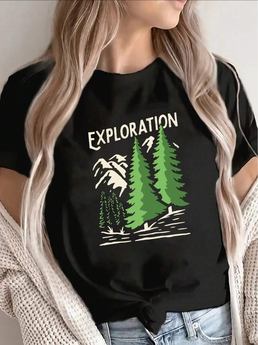 Camiseta de aventura al aire libre para mujer - Manga corta, cuello redondo, compatible con el estampado "Explore the Forest", base negra con ajuste cómodo, adecuada para senderismo, uso casual y diario, lavable a máquina - Ropa de exterior - Negro - Ver 1