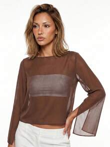 Womens Sheer Shirt Long Sleeve Boat Neck Solid Color Casual Loose Fit See Through Tops - Marrón - Ver 5