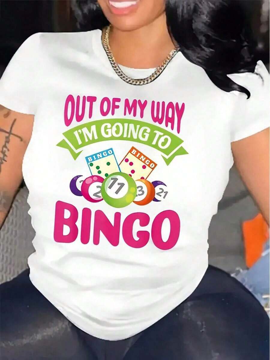 Camiseta de Mujer, Talla Grande, 1 Pieza - Camiseta Casual con Estampado de Bingo - Diseño Gráfico 'I'm Going To BINGO' T_0171 - Cómoda y Vibrante, Diseño Retro, Adecuada para Mujeres - Camiseta Casual de Manga Corta para Mujer, Talla Estándar, Camiseta Básica - Blanco - Ver 1