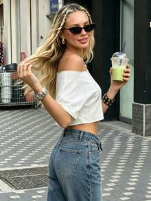 Áo croptop trễ vai màu trắng in họa tiết đính đá "Nassy" dành cho nữ, tay ngắn, dáng rộng, thích hợp mặc hàng ngày, đi mua sắm, du lịch, ăn trưa, nghỉ mát, đi xem hòa nhạc, lễ hội. - trắng - Xem 2
